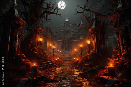 Happy Halloween background spooky scene, creepy dark night jack o lantern pumpkins and spooky graves on graveyard ghosts horror gothic evil cemetery landscape. Mysterious night moonlight backdrop. © Synthetica