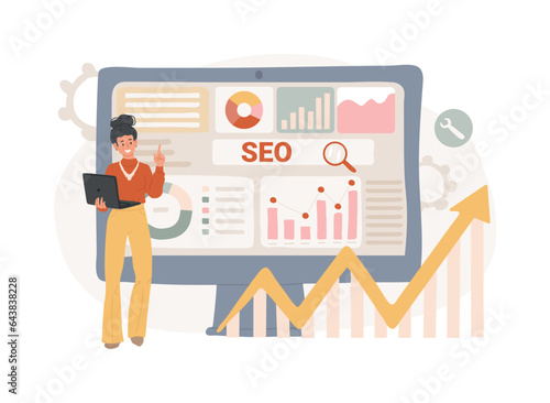 SEO optimization isolated concept vector illustration. Search engines page rank, online digital marketing tools, keyword optimization, link building, measurement and reporting vector concept.