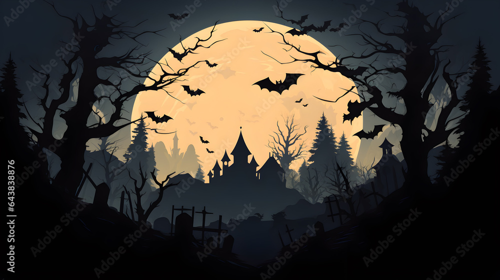 scenery with trees, bats, moon and castle in the background with the moon behind (ai generated)	
