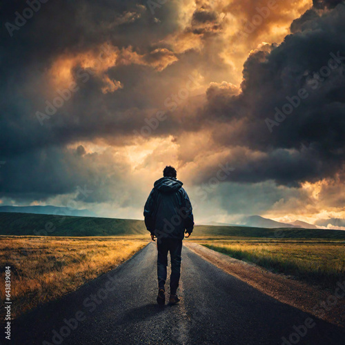 man walking on the road at sunset