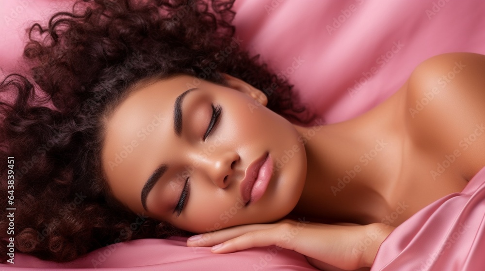 Generative AI : Optimistic young ethnic female in sleep mask closing eyes and hugging soft pillows during bedtime against pink background Generative AI : Optimistic young ethnic female in sleep mask closing eyes and hugging soft pillows during bedtime against pink background