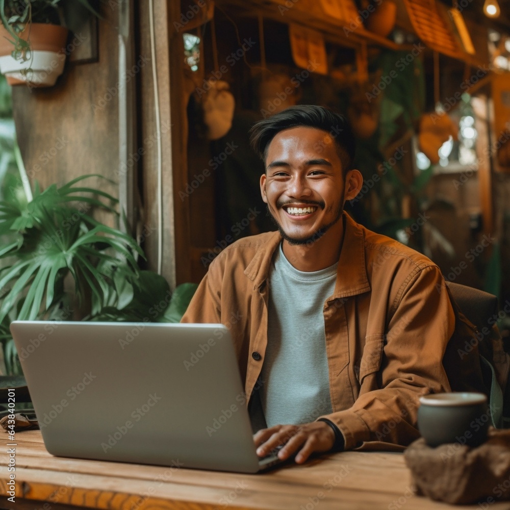 Generative AI : Happy ethnic young guy smiling and browsing data on laptop while doing homework project at table at home Generative AI : Happy ethnic young guy smiling and browsing data on laptop while doing homework project at table at home