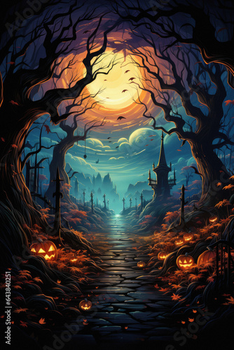 Halloween spooky background, scary jack o lantern pumpkins in creepy dark forest with bats, spooky trees, moon and old house Happy Haloween ghosts horror gothic mysterious night moonlight backdrop.