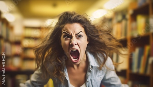 Generative AI : funny mad girl student with glasses shouts with books in the library