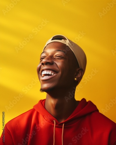 Generative AI : Delighted African American boy schoolkid student laughs and shows strong muscles while having fun during school against yellow background