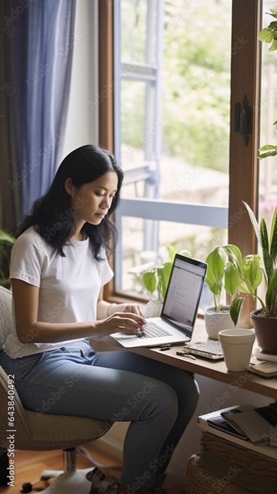 Generative AI : tired ethnic woman with glasses resting while sitting cross legged near laptop and working on remote project in cozy living room at home Generative AI : tired ethnic woman with glasses resting while sitting cross legged near laptop and working on remote project in cozy living room at home