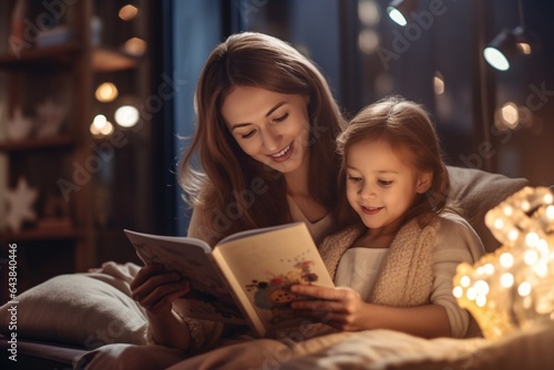 Generative AI : happy family mother and daughter read a book in the evening at home