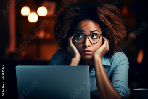 Generative AI : Stressed young afro american woman holding head in hands and feeling demotivated while sitting at her home office and working remotely on laptop Depressed female student tired of onlin