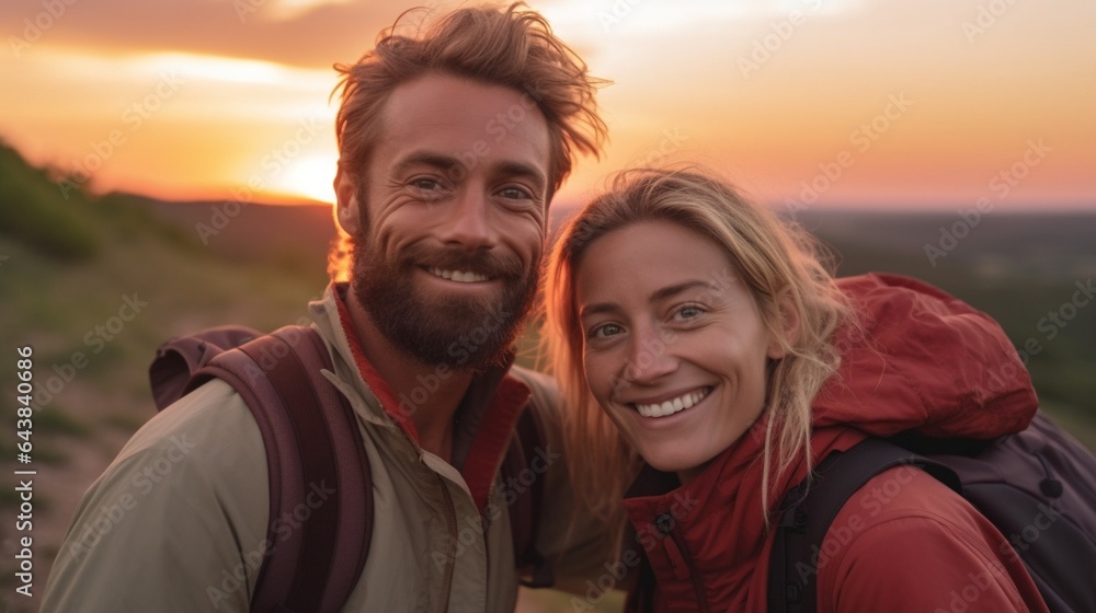 Generative AI : happy couple man and woman tourist at top of mountain at sunset outdoors during a hike in summer