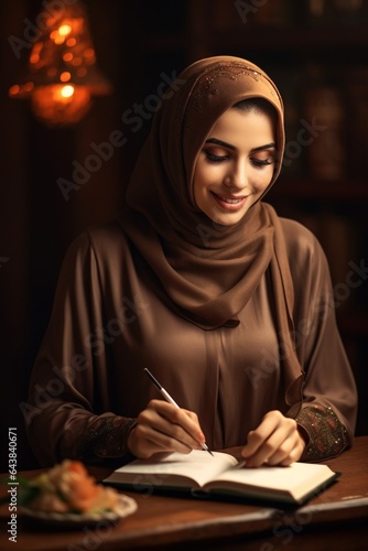 Generative AI : Islamic woman doctor in traditional religious hijab sits at her desk smiles and takes notes