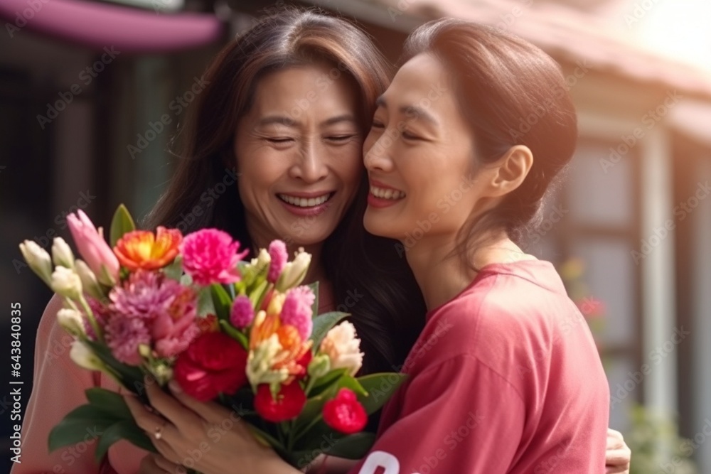 Generative AI : Cheerful young female hugging happy aged mother and giving bouquet of tulips while congratulating on mother day at home Generative AI : Cheerful young female hugging happy aged mother and giving bouquet of tulips while congratulating on mother day at home
