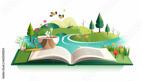 Open book on 2 pages of children and kids magical fantasy story book about nature. Magical story book with fairy tale illustration.