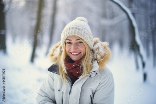 Generative AI : happy young woman in winter for a walk in nature