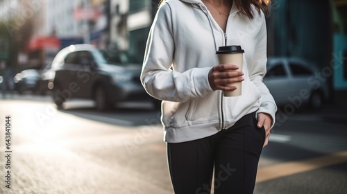 Generative AI : Closeup photo of adorable young girl office secretary walking outside with beaming broad smile while holding cup of takeaway coffee and laptop along background of urban exterior in sun