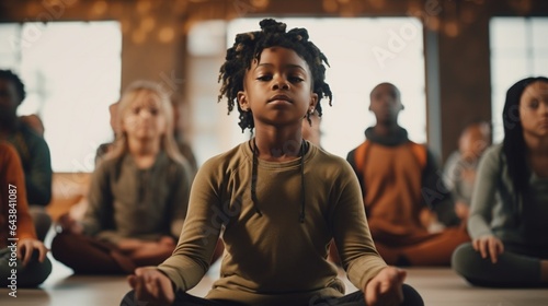 Generative AI : Tranquil young man in casual wear sitting on floor in lotus position and meditating while kids having fun and jumping on sofa at home