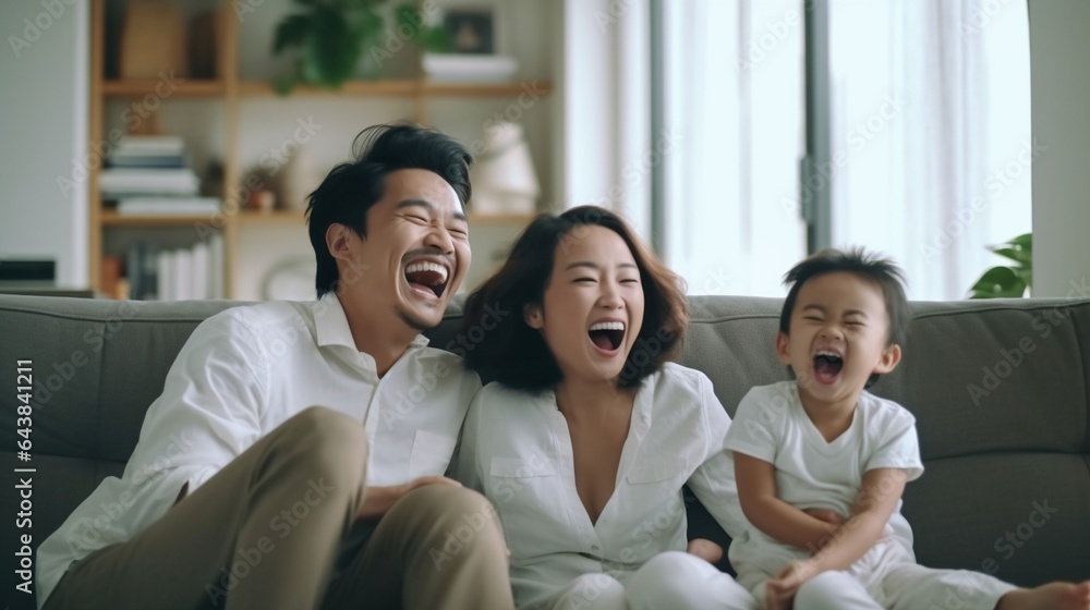Generative AI : happy family multiethnic mother father and son laughing playingand jumping in bed in bedroom at home Generative AI : happy family multiethnic mother father and son laughing playingand jumping in bed in bedroom at home