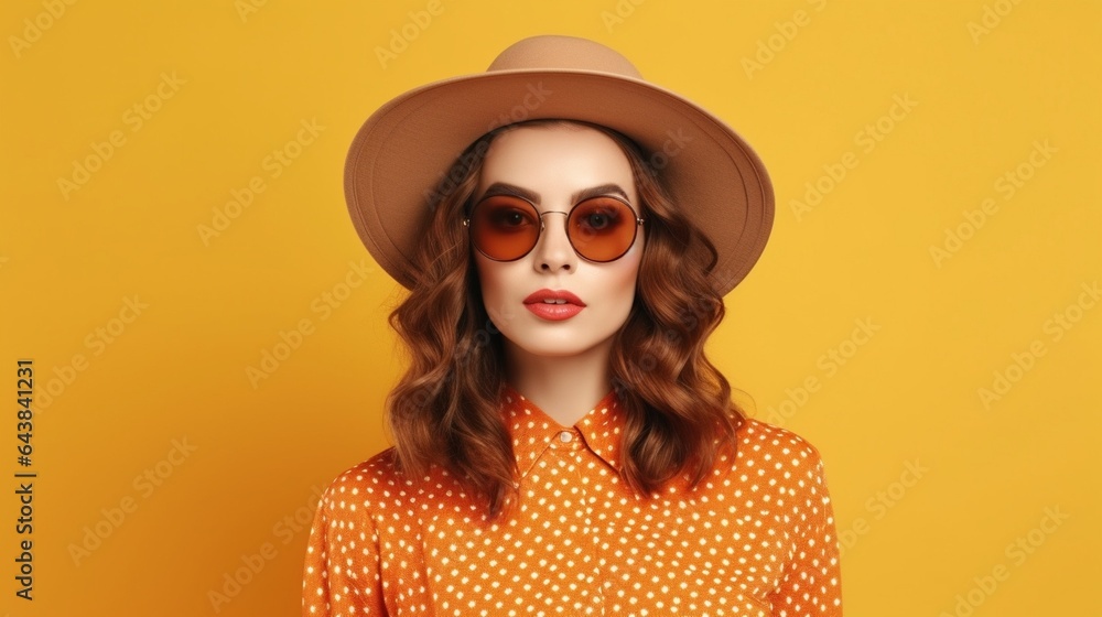 Generative AI : dreaming young woman in hat and glasses smiles enigmatically and looking up while thinking against yellow background Generative AI : dreaming young woman in hat and glasses smiles enigmatically and looking up while thinking against yellow background