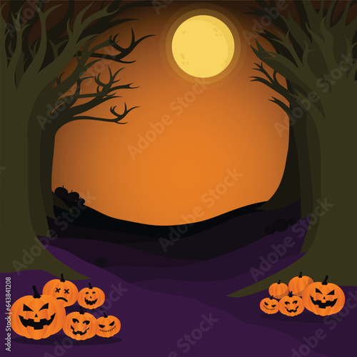 Halloween pumpkins in spooky dead trees forest at night under the moonlight, Vector Illustration.