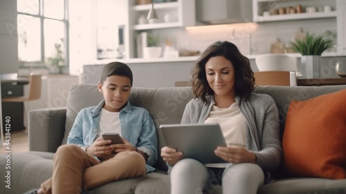 Generative AI : Happy multiethnic family parents and amazed mixed race boy watching video on laptop while resting on couch at home together © AI Images