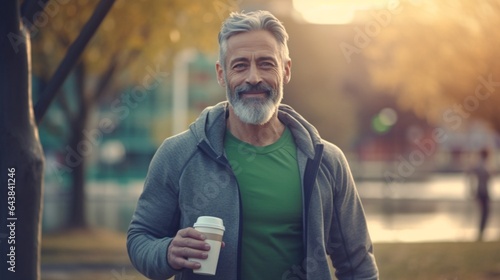 Generative AI : Portrait of happy positive mature man with broad smile holding water bottle while doing sport in city park active retired male sportsman jogging outside in early morning Healthy lifest photo