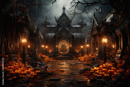 Happy Halloween background spooky scene  creepy dark night jack o lantern pumpkins and spooky graves on graveyard ghosts horror gothic evil cemetery landscape. Mysterious night moonlight backdrop.
