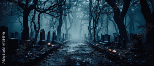 Happy Halloween background spooky scene, creepy dark night jack o lantern pumpkins and spooky graves on graveyard ghosts horror gothic evil cemetery landscape. Mysterious night moonlight backdrop.