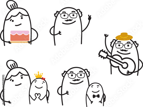 Thumb man. Grandmother and grandfather. Grandma holding cake. Grandma hugging girl. Grandma hugging boy and playing guitar. Charcter emotional. New set of characters in the style of meme flork.