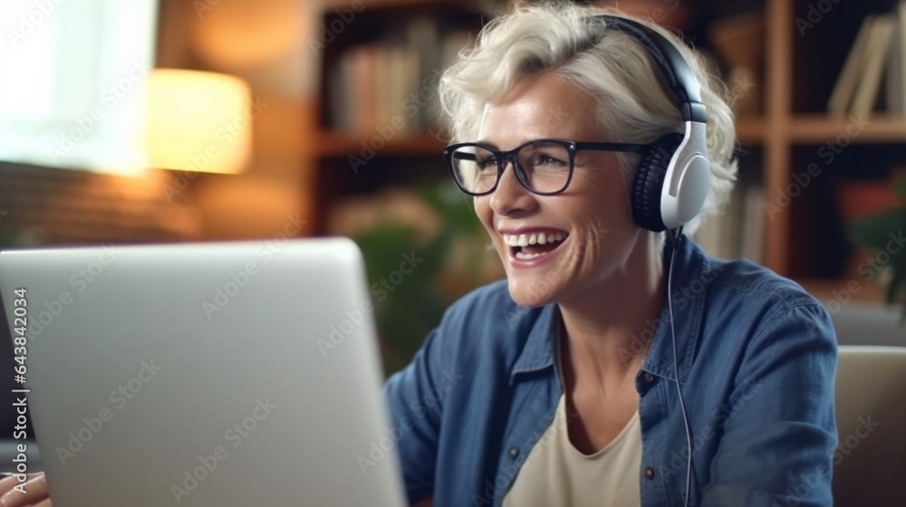 Generative AI : Happy senior lady in casual clothes and headphones smiling and watching movie on laptop while sitting on sofa at home Generative AI : Happy senior lady in casual clothes and headphones smiling and watching movie on laptop while sitting on sofa at home