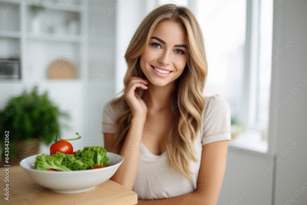 Generative AI : healthy eating happy young girl eating salad in the morning in kitchen