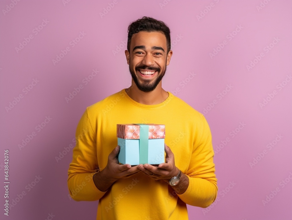 Generative AI : Happy bearded man in glasses smiling for camera and demonstrating piggy bank with savings isolated on yellow background