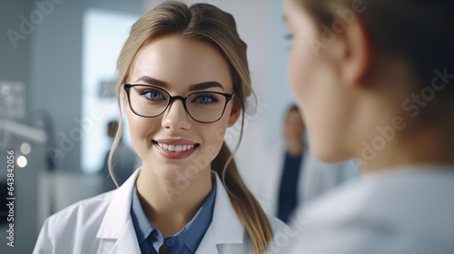 Generative AI : eyesight check woman at the doctor ophthalmologist optician