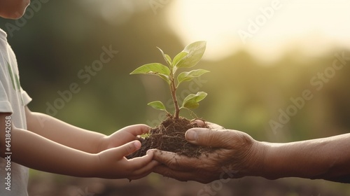Generative AI : concept generation and development elderly man and baby holding hands green plants sprout photo