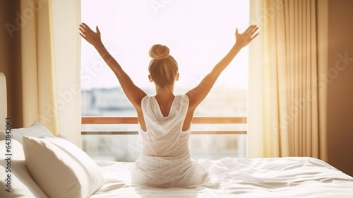 Wallpaper Mural Generative AI : young happy woman woke up in the morning in the bedroom by the window with her back Torontodigital.ca