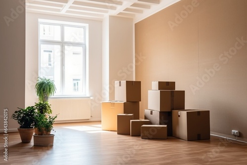 Generative AI : move lots of cardboard boxes in an empty new apartment © AI Images
