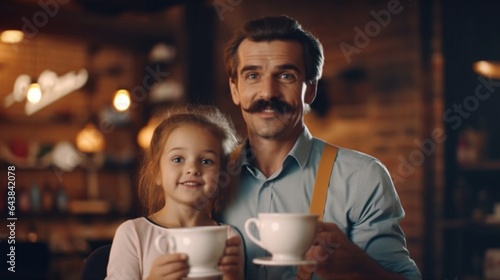 Generative AI   funny family father and child daughter with a mustache