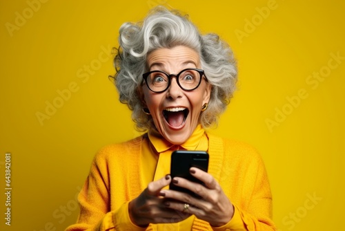 Generative AI : happy expressive woman in yellow sweater with smartphone shouts celebrating victory success and triumph on a blue background