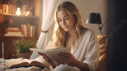 Generative AI : young beautiful blonde woman reading a book while lying in bed in the bedroom