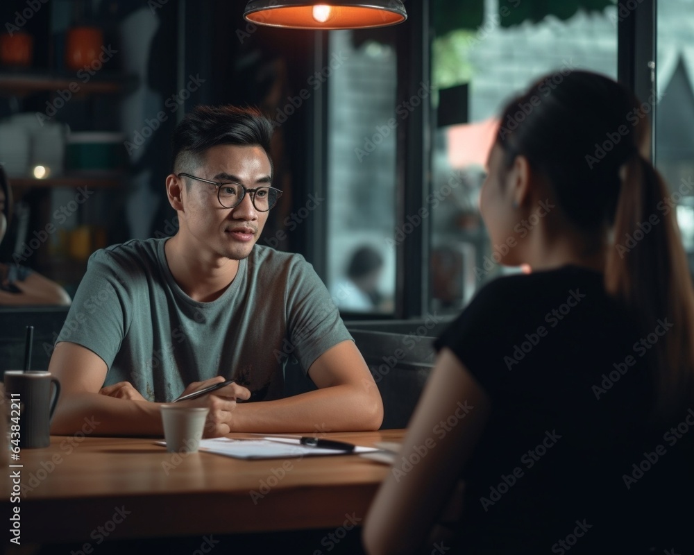 Generative AI : Young cheerful man business professional in eyeglasses at meeting with female client making notes and listening attentively to woman sitting in front of him at outdoor cafe discussing Generative AI : Young cheerful man business professional in eyeglasses at meeting with female client making notes and listening attentively to woman sitting in front of him at outdoor cafe discussing