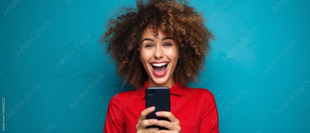 Generative AI : Excited trendy female with hand on cheek smiling and reading great news on smartphone against red background - obrazy, fototapety, plakaty 