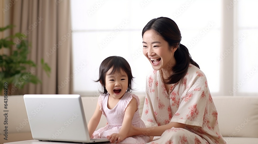 Generative AI : happy family mother and baby at home using laptop computer Generative AI : happy family mother and baby at home using laptop computer