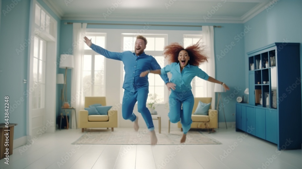 Obraz premium Generative AI : Full length of young energetic active african american family couple jumping on sofa in cozy living room carefree black man and woman have fun together at home Freedom and happiness in
