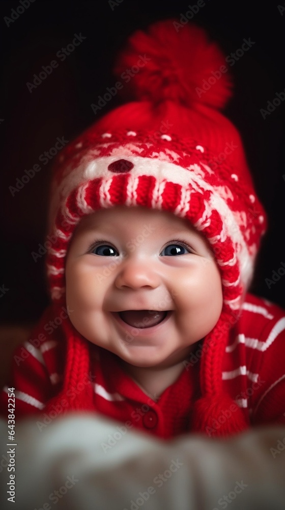 Generative AI : happy family mother and baby in red Christmas hats