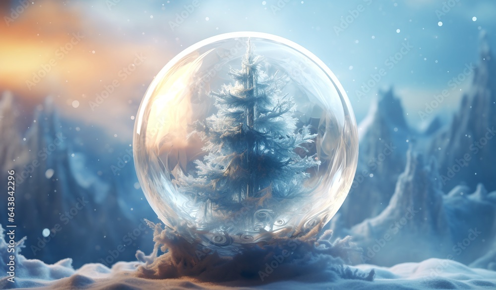 Snow globe Christmas tree, generative ai.