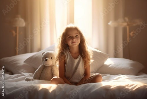 Generative AI : child girl wakes up in morning in bed and stretches by window