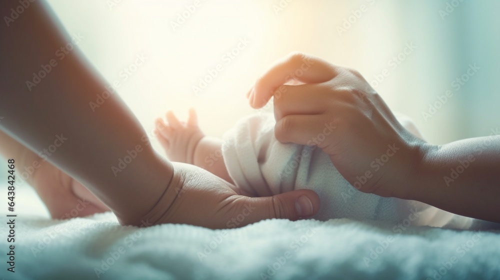 Generative AI : concept of love parenthood motherhood tiny newborn baby foot in mother hands - obrazy, fototapety, plakaty 