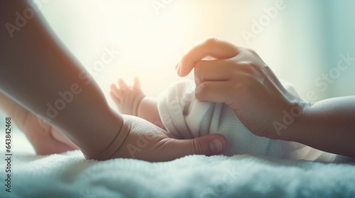 Generative AI : concept of love parenthood motherhood tiny newborn baby foot in mother hands photo