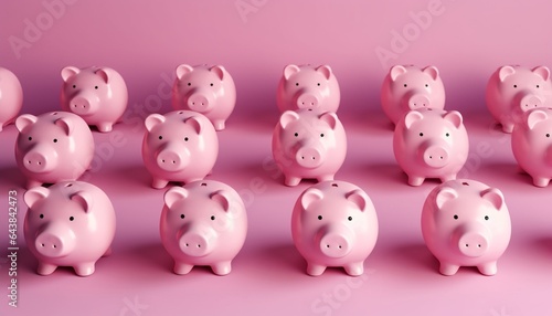Generative AI   financial planning happy family mother father and children with piggy Bank on pink background