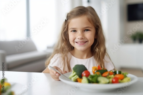Generative AI : the happy child girl eating vegetables and laughs