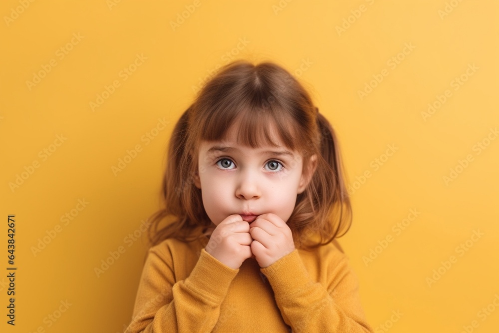 Generative AI : Happy excited little girl with pigtails wearing casual purple dress touching cheeks and looking at camera against yellow background