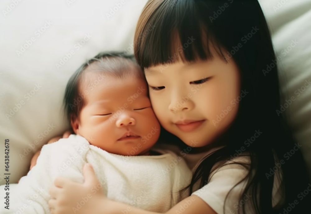 Generative AI : children sister kisses brother newborn sleepy baby on a light background Generative AI : children sister kisses brother newborn sleepy baby on a light background